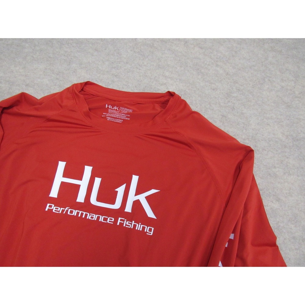 Huk Performance Fishing Shirt Mens XL Red Long Sleeve Graphic Logo Tee Stretch